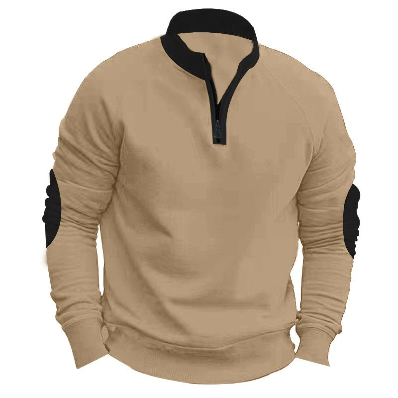 Men Half Zip Stand Collar Sweatshirt Color Block Elbow Patch Long Sleeve Casual Pullover Top