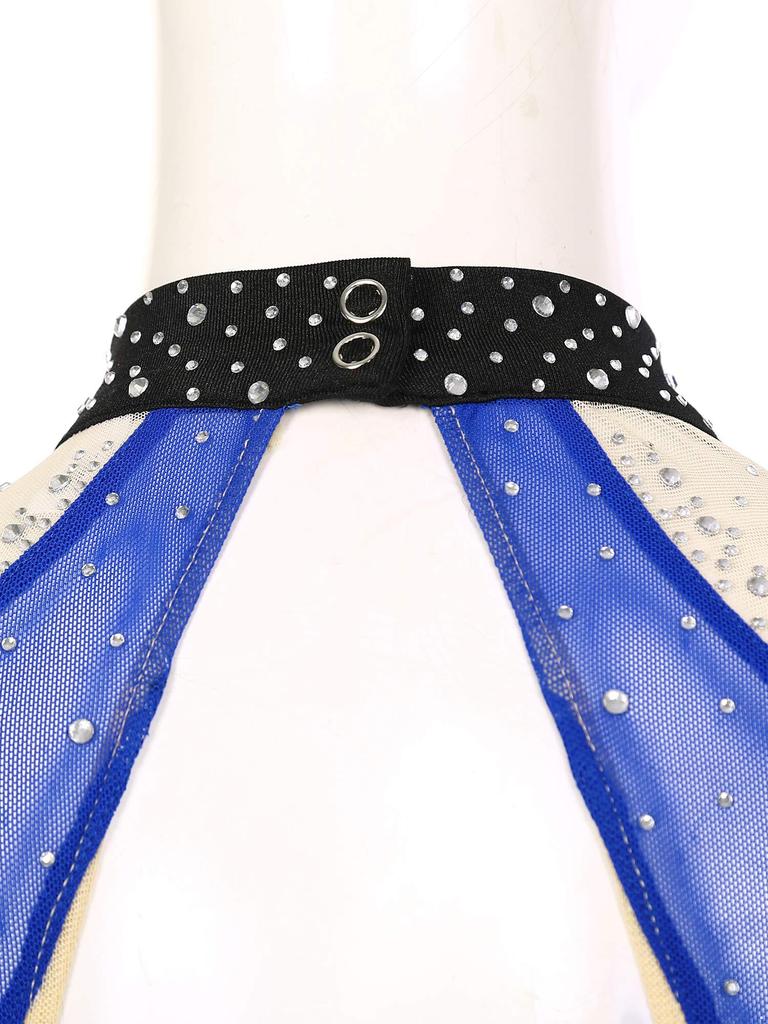 Damska sukienka do tańca lirycznego, blok kolorów, przezroczysta siateczka patchwork, błyszczące cyrkonie, asymetryczna odzież taneczna