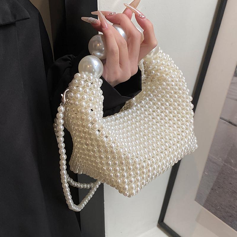 Luxury Pearl Beading Woven Handmade Hobo Bag Fashion Women Handbag Evening Bag Wedding Party Shoulder Crossbody Bag