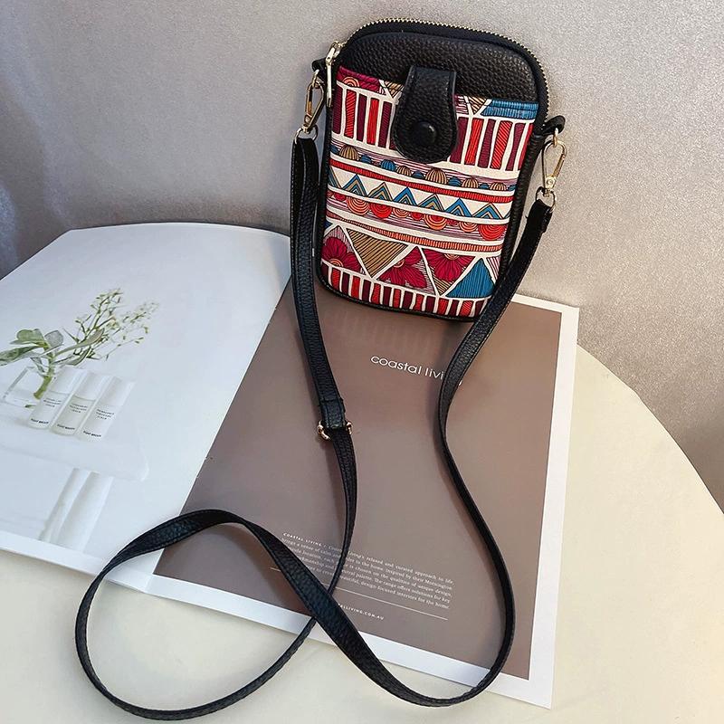 Ethnic Pattern Mini Crossbody Phone Bag for Women Double Zipper Leather Small Shoulder Pouch with Card Slots Strap for Travel & Daily Use