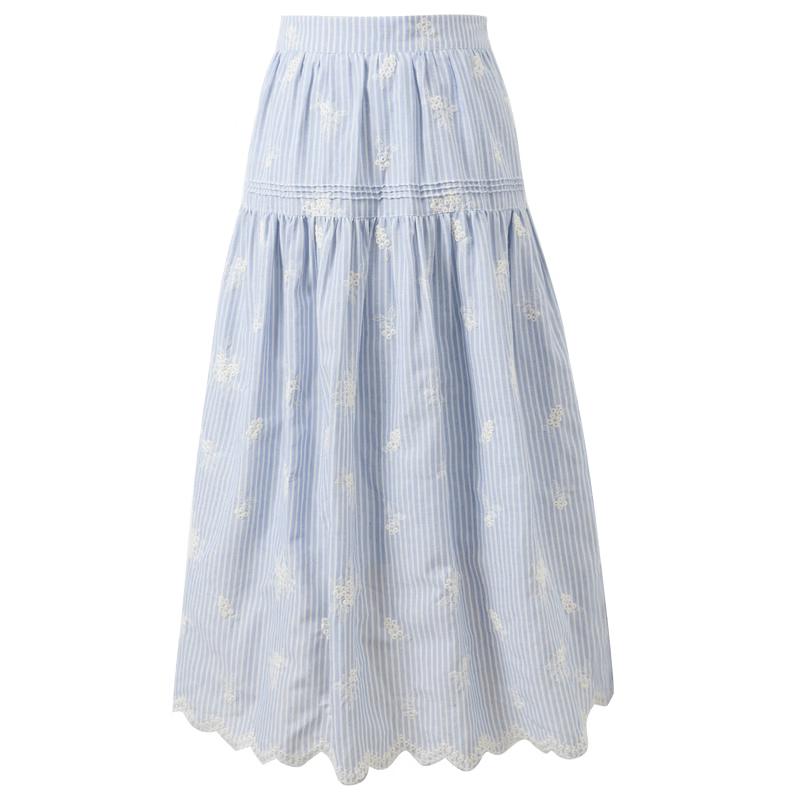 Sancai 2026 Summer Stripe Embroidered High-Waist A-Line Long Skirt L