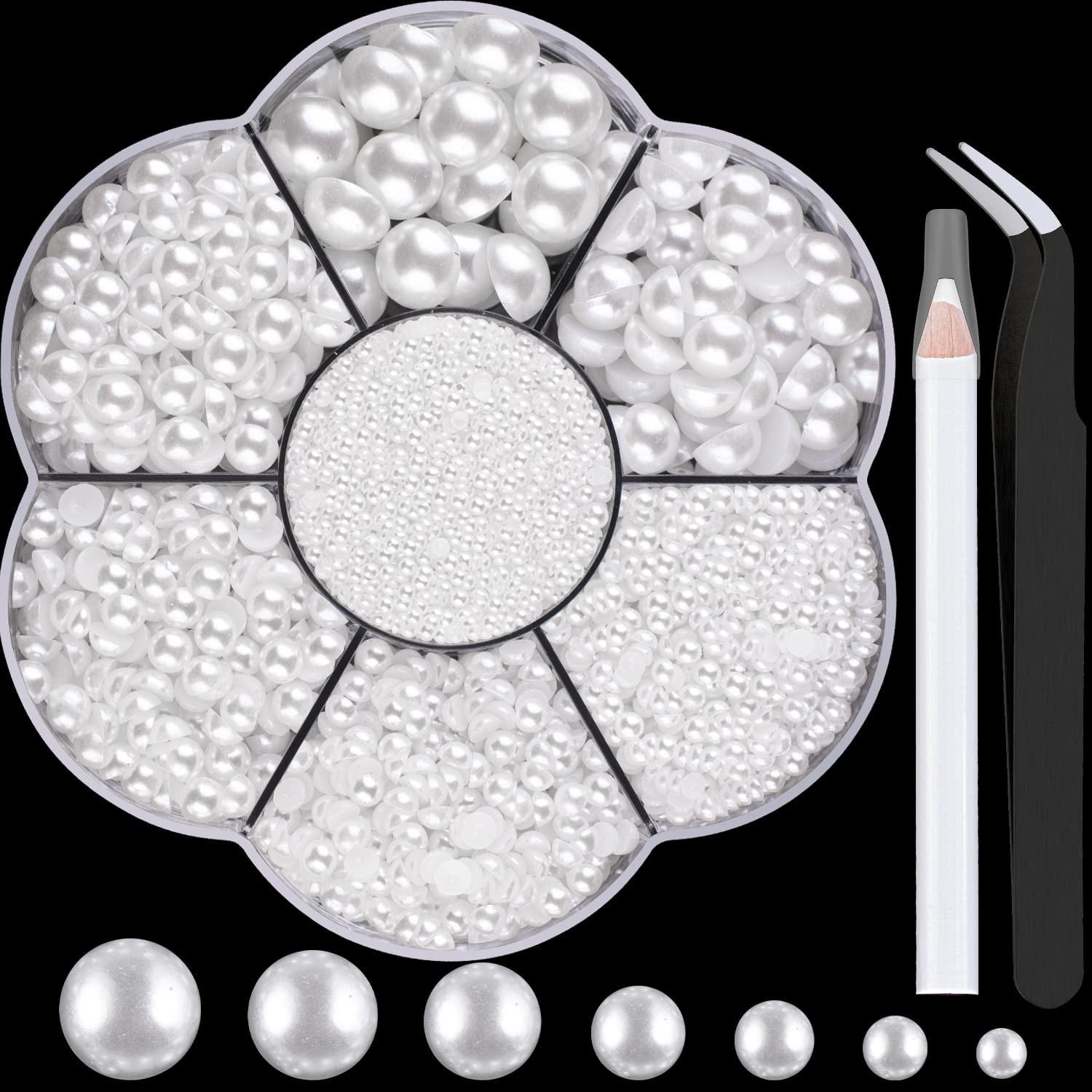 Pearl Nail Art: White Flat-Bottom High-Gloss ABS Pearls in Mixed Sizes