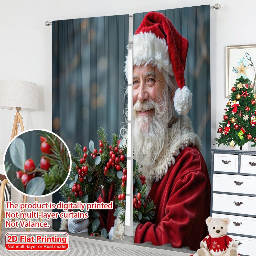 2pcs 2D Flat Printing Merry Christmas Window Drapes Santa Claus Holly Wreath Festive Christmas Fabric Without Electricity