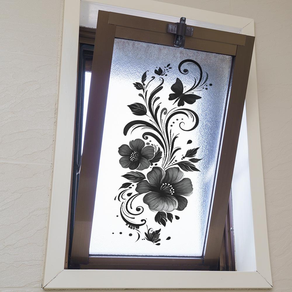 Self-adhesive Romantic Black Flowers Wall Stickers for Glass Window Bathroom Sink Vanity Decor