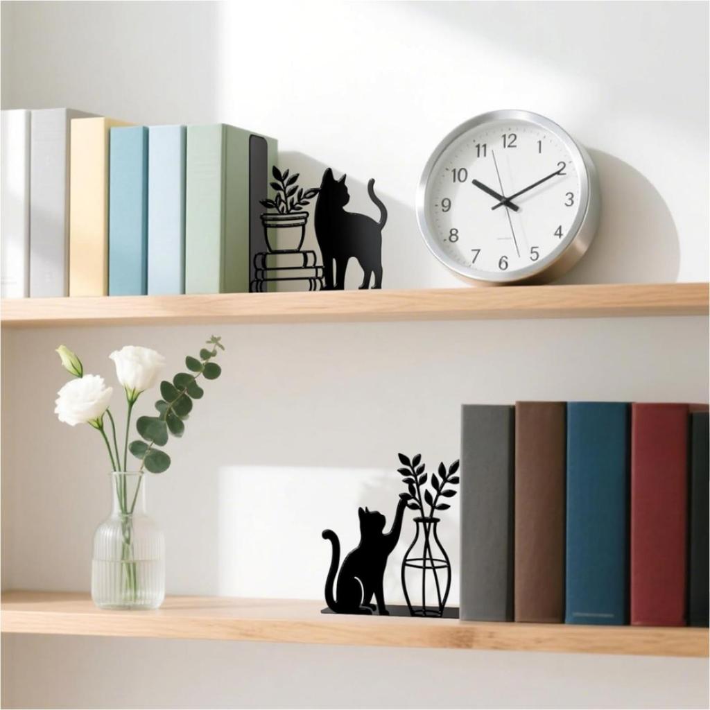 Black Metal Bookend with Cat Decor Stable CatandPlant Decorative Sturdy Animal Bookends for