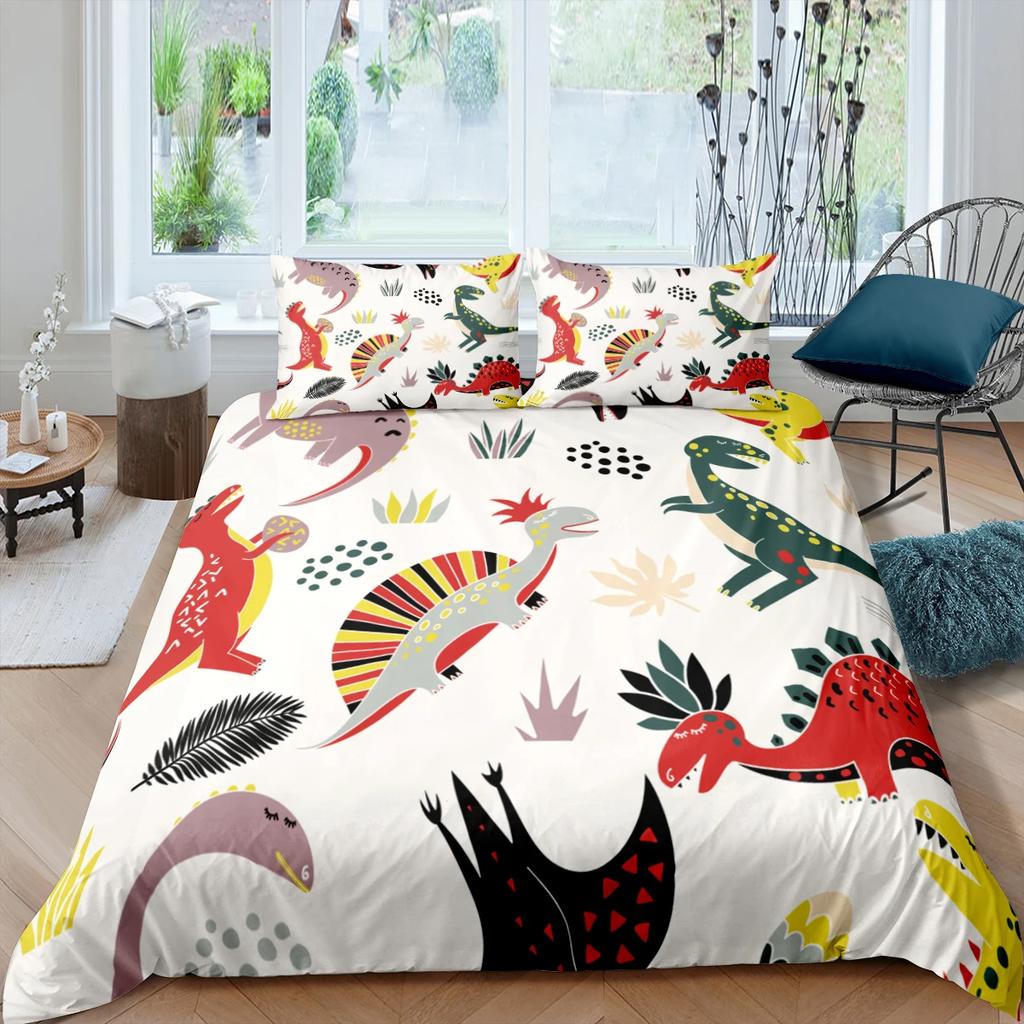Carton Dinosaur Soft Duvet Cover King Quen Children Kids Jurasic World Stegosaurus Tyranosaurus Beding Set 2/3pcs Polyester Comfortable Quilt Cover