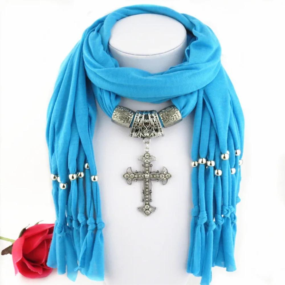 Women Fringe Scarf Polyester with Cross Charm Fashion Accessories Scarf
