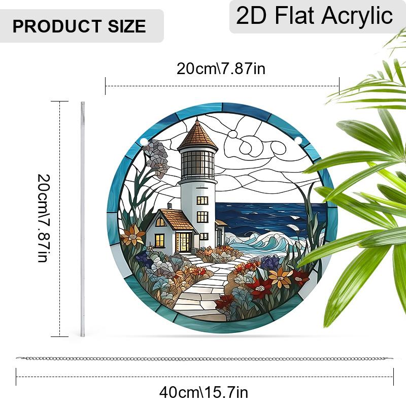 Acrylic Coastal Lighthouse with Ocean and Flowers Suncatcher, Stained Glass Effect Window Hanging Ornament for Nautical & Beach Lover Gifts