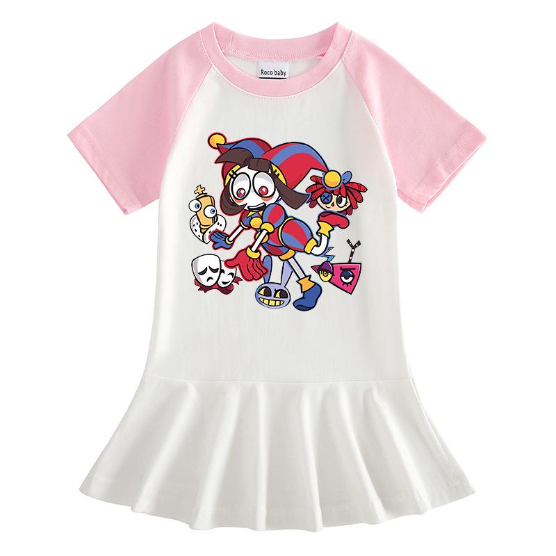 2026 Summer Korean Style Short Sleeve Cartoon Girls' Dress with Pleated Skirt