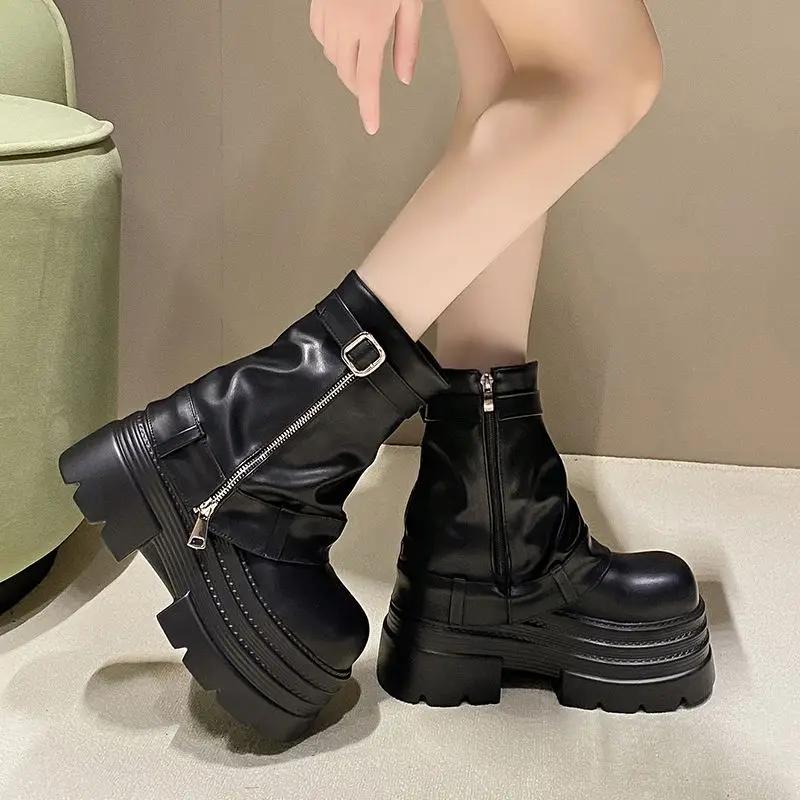 Fashion 10cm Pigskin Leather Winter Autumn Ankle Booties Fashion ZIP Women Moccasins Platform Wedge Chimney Plush Spring Shoes