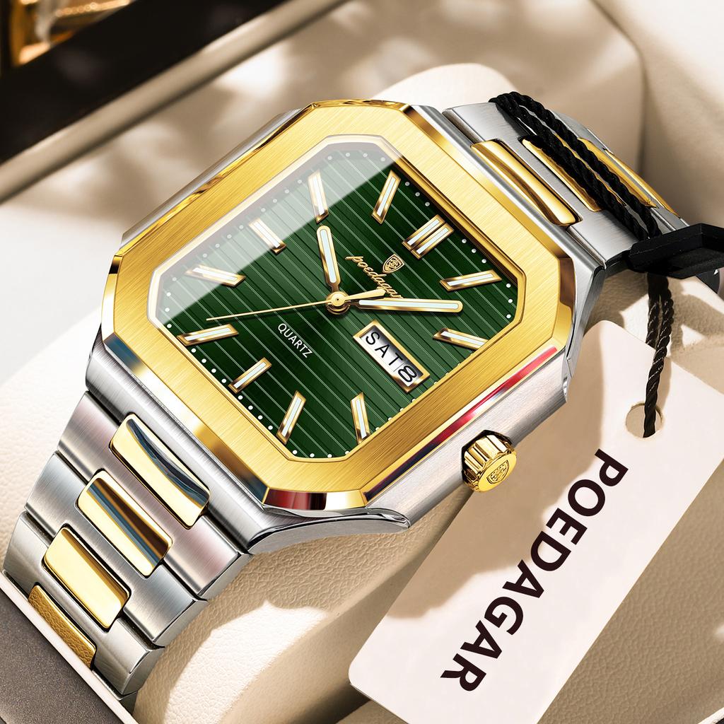 POEDAGAR Square Fashion Man Wristwatch Waterproof Luminous Date Week Quartz Men's Watches Stainless Steel Luxury Men Watch Reloj