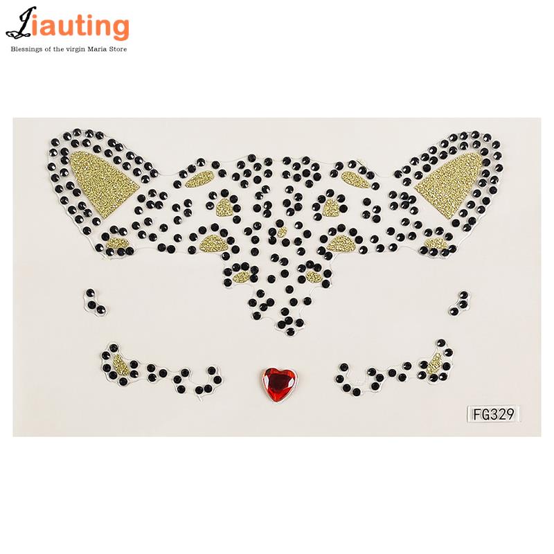 1PC 3D Face Tattoo Stickers Animal Cat Face Decor Temporary Tattoos Fake Tattoo Rhinestones For Woman Party Face Jewels Sticker