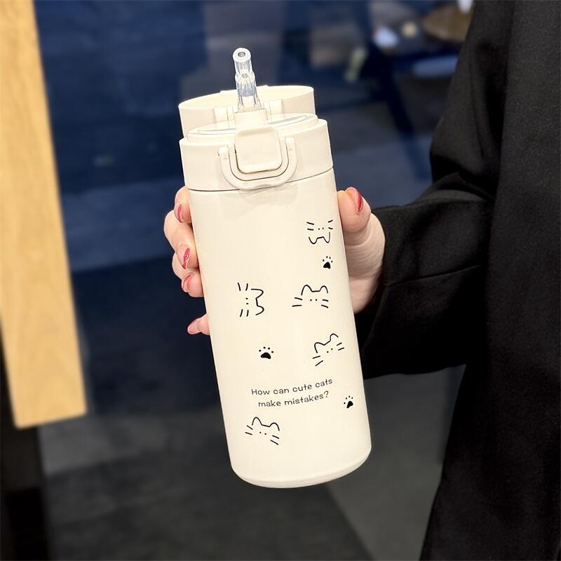 

Simple Cute Cat Thermos Water Bottle with Straw Portable Stainless Steel Thermal Cup For Girl Kids Students Leak-proof Drinkware 301-400ml бежевий