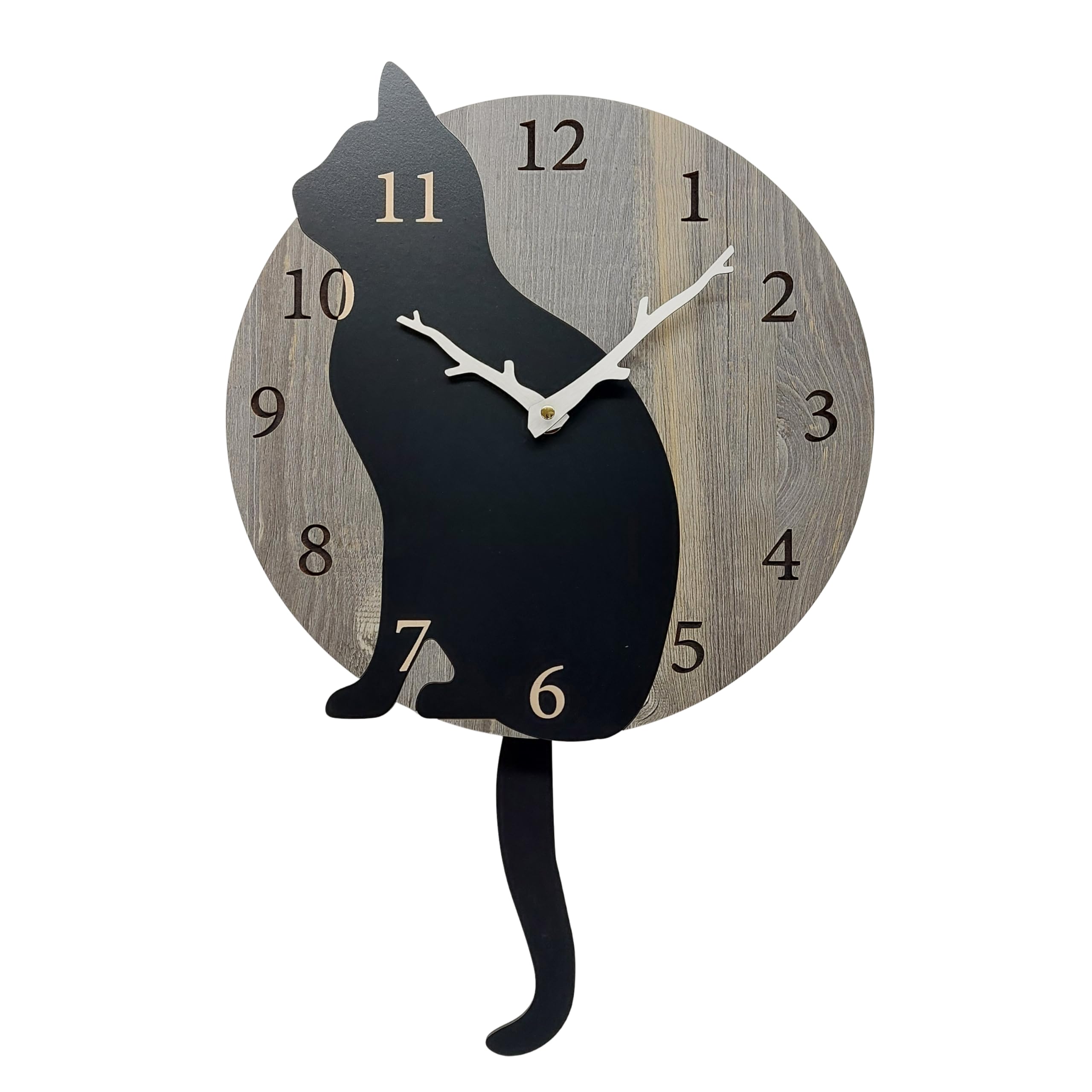 

black cat wall clock with wooden natural and perfect for cat a great cat Scandinavian with a swaying cute decorative item Large-sized pendulum, коричневый