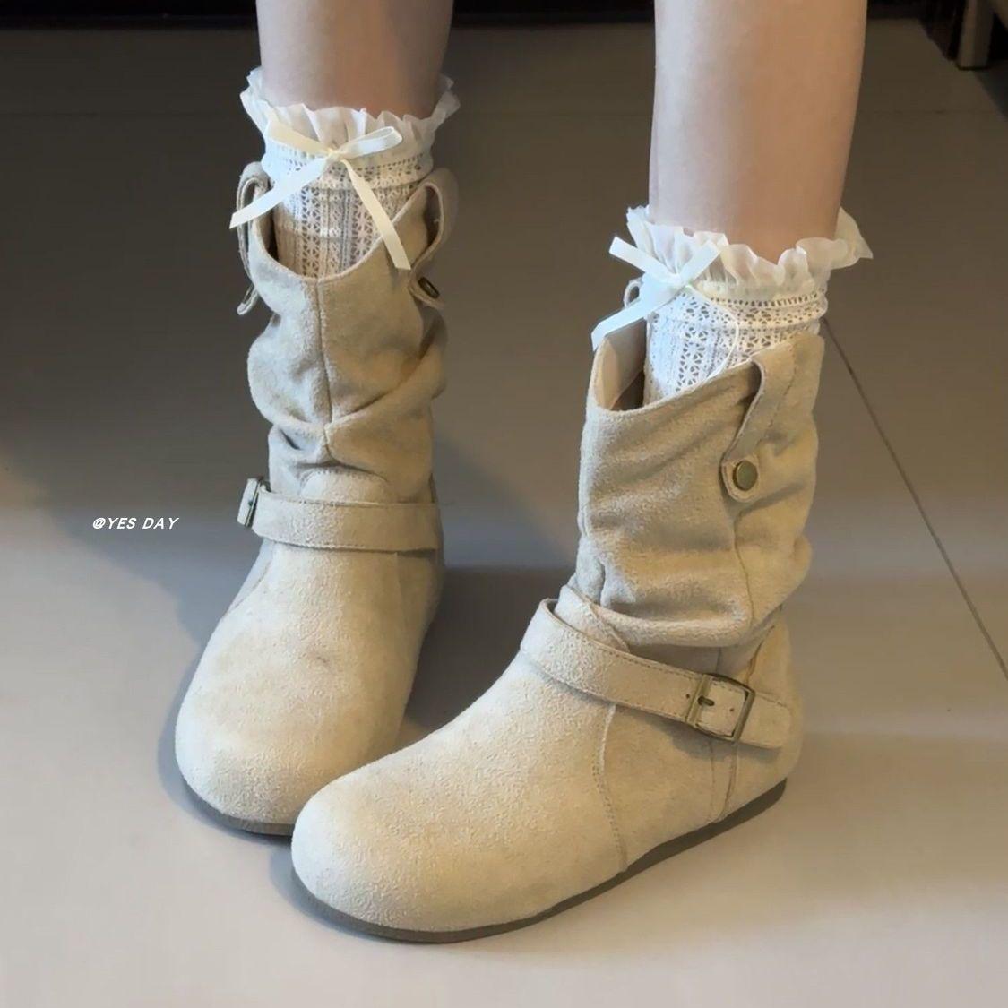 

Замшевые ботильоны с круглым носком и пряжкой на щиколотке - Осенняя коллекция 2025 для женщин Size 37