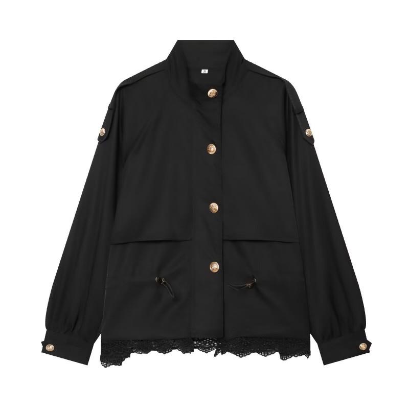 2026 Womens Streetwear Lace Patchwork Stand Collar Cargo Jacket W04 8228