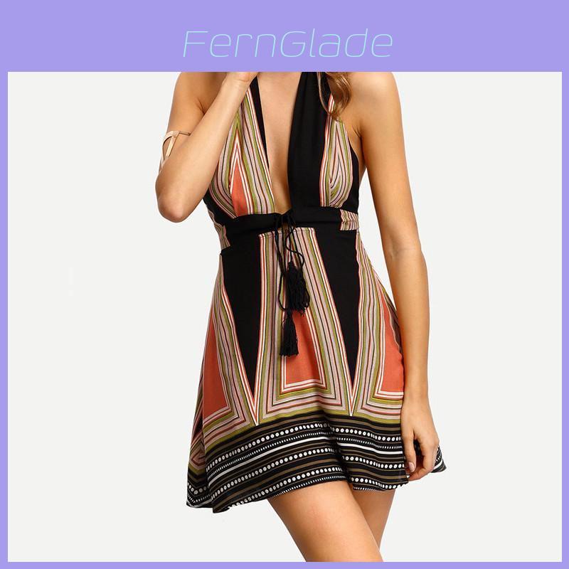 Sexy Deep Vneck Hanging Neck Short Skirt Womens Backless Beach Dress With Cotton Blend Fabric