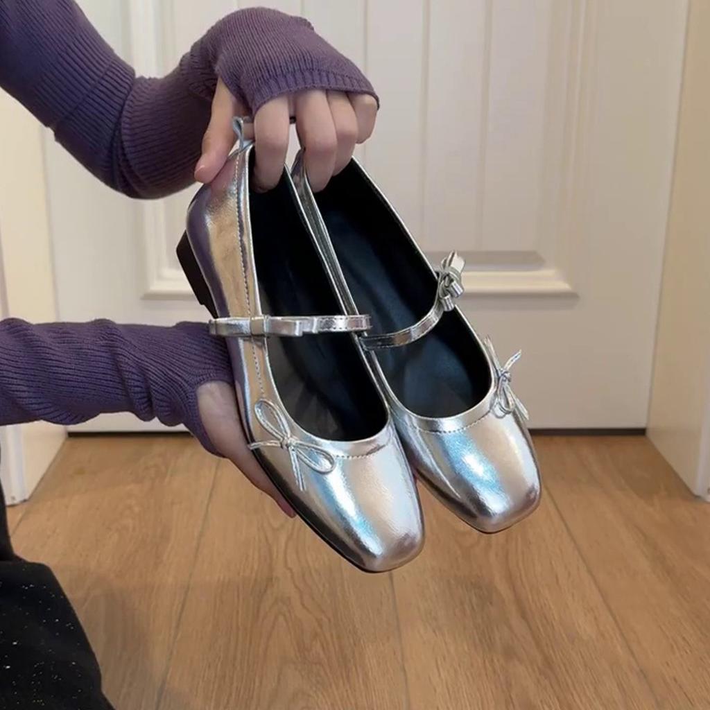 Lambskin~ French Single Shoes Women's Flat Bow Ballet Shoes Light Mouth Evening Shoes Black Retro Mary Jane Shoes