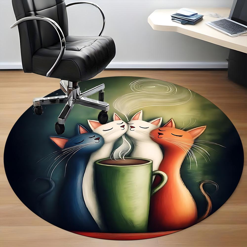 1pc Cats Coffee Office Round Area Rug, Indoor Mat Suitable ForOffice, Under Office Chairs Bedroom Living Room Home Decor, Room Deco  D042