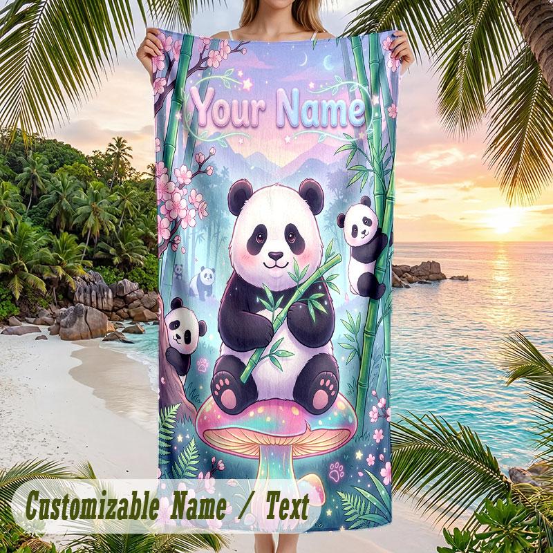 Panda Bamboo Forest Adventure Theme Quick Dry Beach Towel Custom Name Text Print Large Sand Resistant Towel Beach Vacation