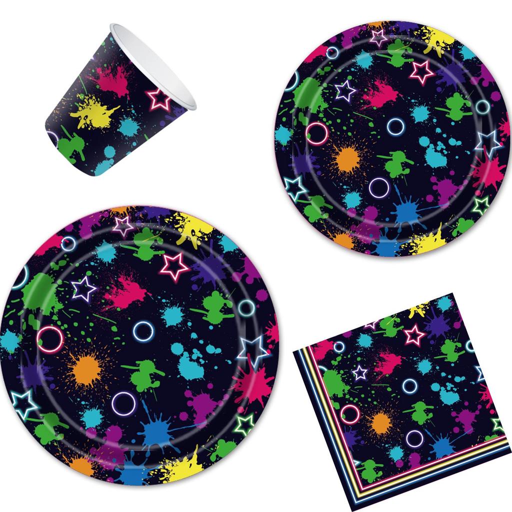 Neon Party Set: Disposable Napkins, Paper Plates, Cutlery, Bunting, Tablecloth, and Decorations