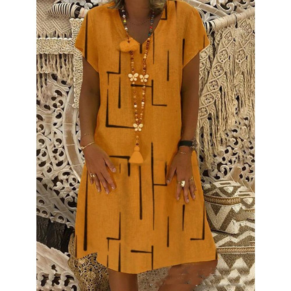 Women Summer Dress V Neck Short Sleeve A Line Printed Dress Abstract Swirl Pattern Red White Casual Everyday Dress Fashion
