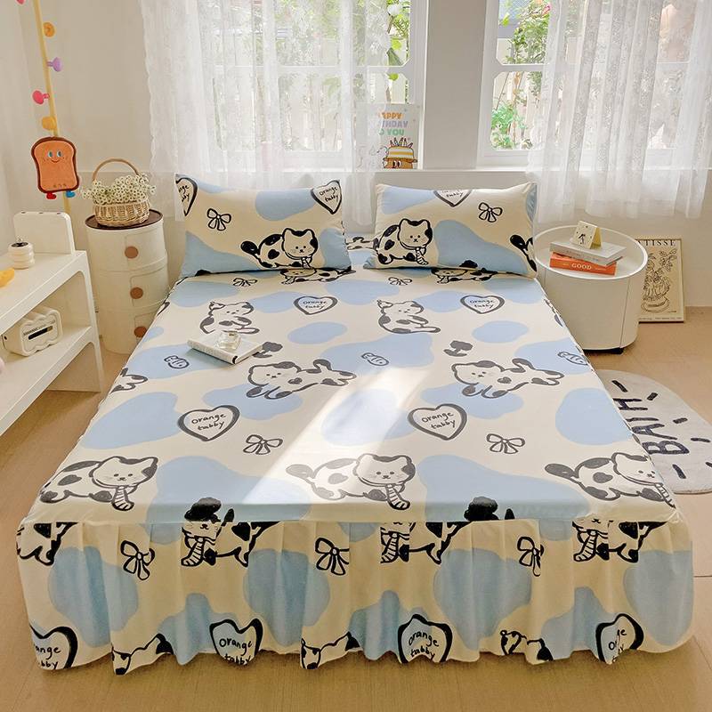 All Season Universal Ruffle Edge Single Bed Cover Printed Cotton Bed Skirt Three Piece Set Soft Comfortable Bedding Bedspread