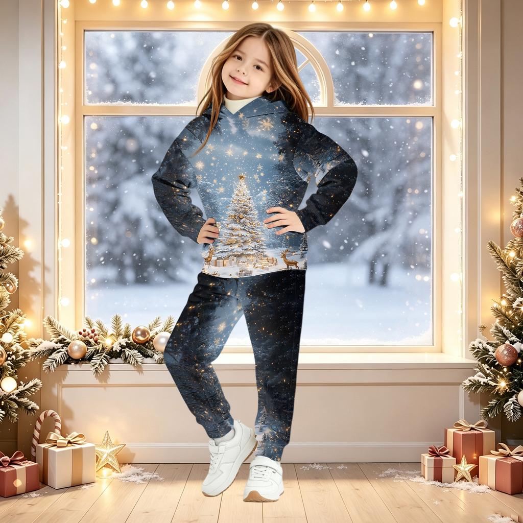 Kids Christmas Print Hoodie Set - Children's Hooded Pullover Top for Boys and Girls