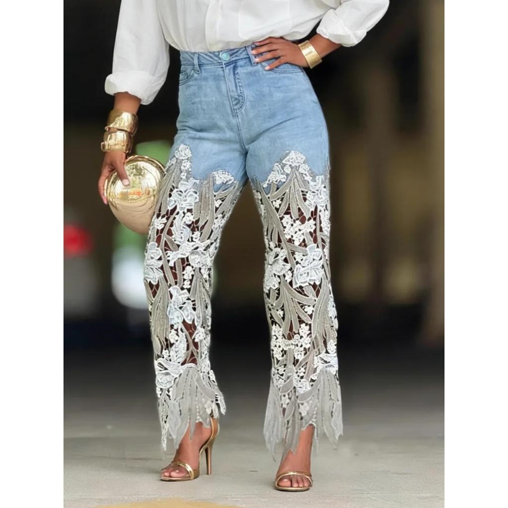 VIONA European and American Style Loose Hollow Splicing Irregular Lace Straight Leg Jeans for Women
