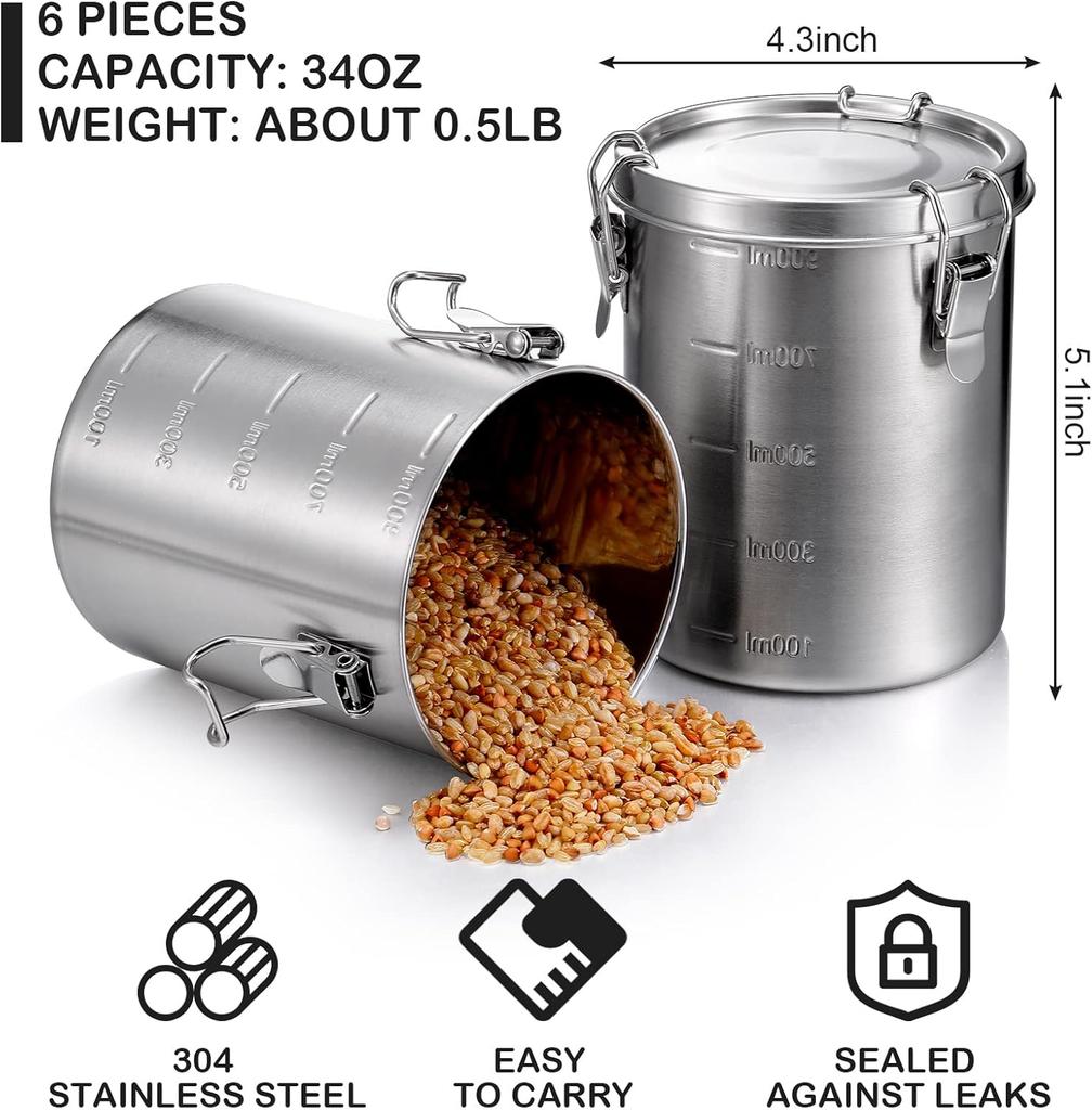 6 Pack 34 Oz Stainless Steel Airtight Food Canisters with Lids for Tea, Coffee, Sugar, Flour – Kitchen Pantry Storage