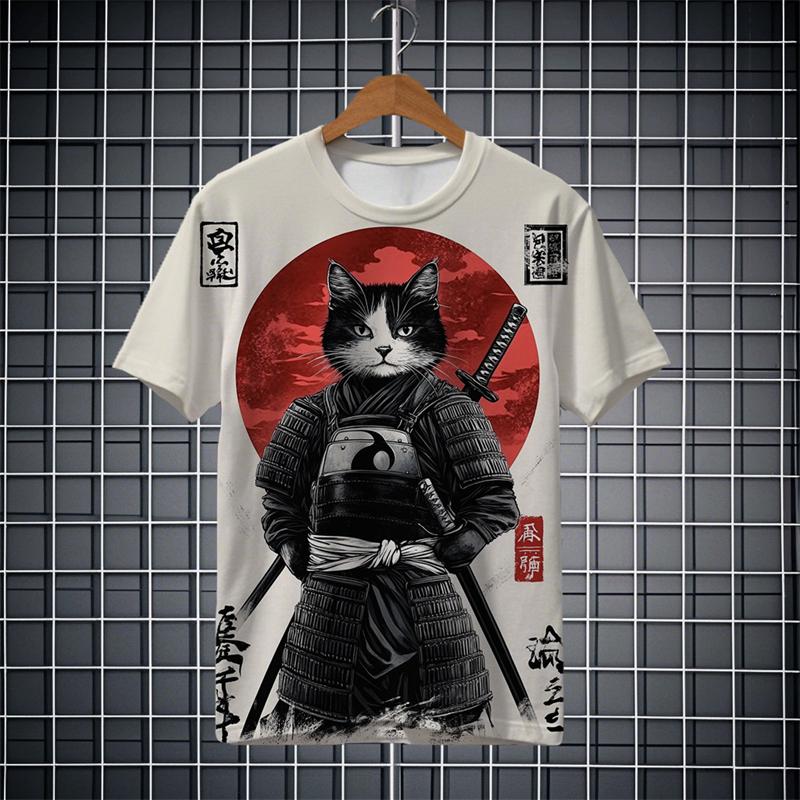 Fashion Japanese Samurai Cat  3D Print Men's short Sleeve T-shirt Fashion festival Crew Neck t shirt Tops polyester Men Clothing