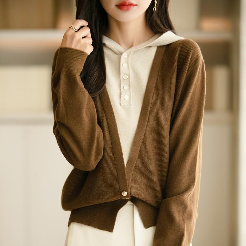 

Вязаный свитер женский модный пуловер с капюшоном в стиле пэчворк с капюшоном, контрастный верх и низ, свитер весна-осень XXL коричневый