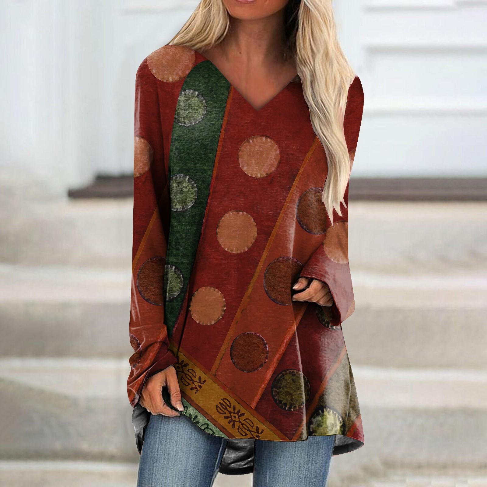 

Женская модная повседневная футболка с принтом, длинный рукав, V-образный вырез, топ средней длины XL красный