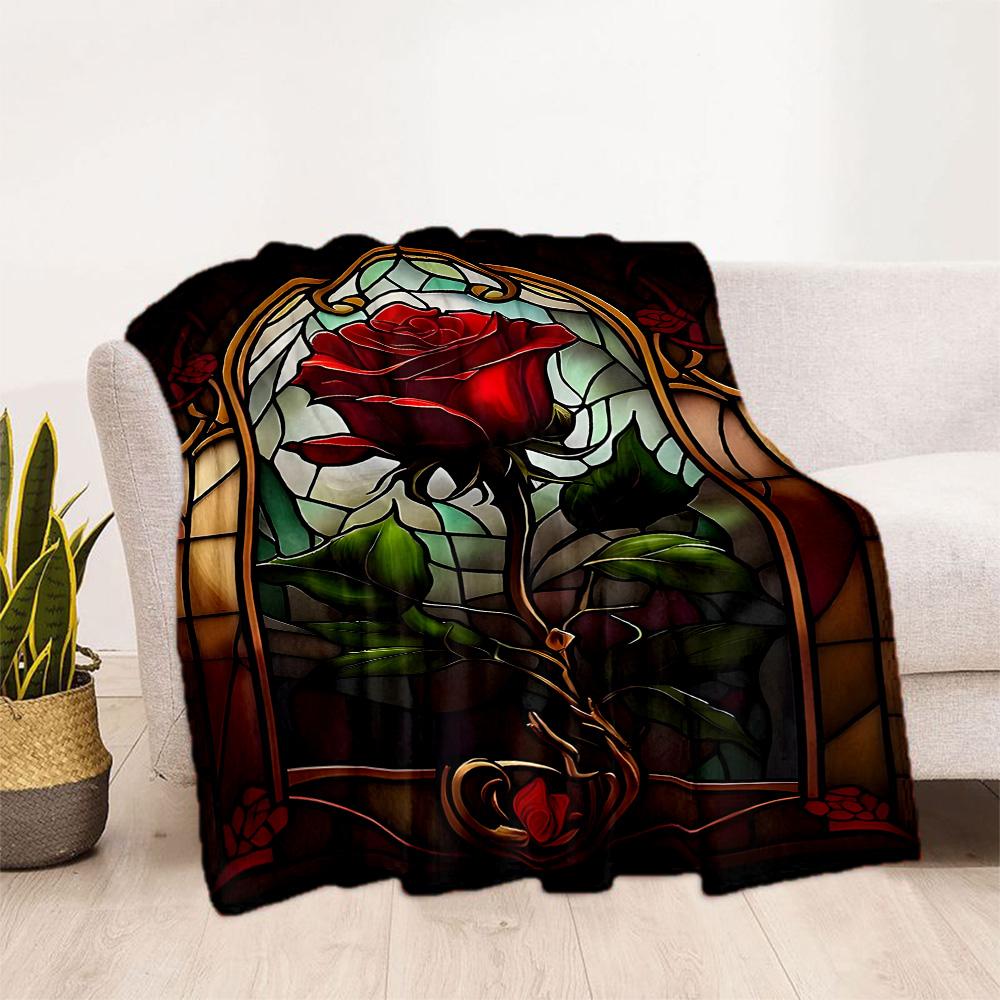 Stained Glass Rose Flannel Blanket,Lightweight,Office Blanket,Sofa Blanket,Comfortable Blanket