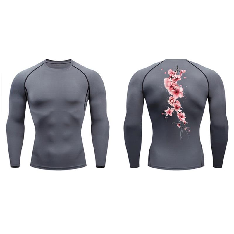Sakura Blossom Print Compression Shirt for Men Athletic Quick Dry T-shirts Gym Workout Running Tees Long Sleeve Tops Activewear