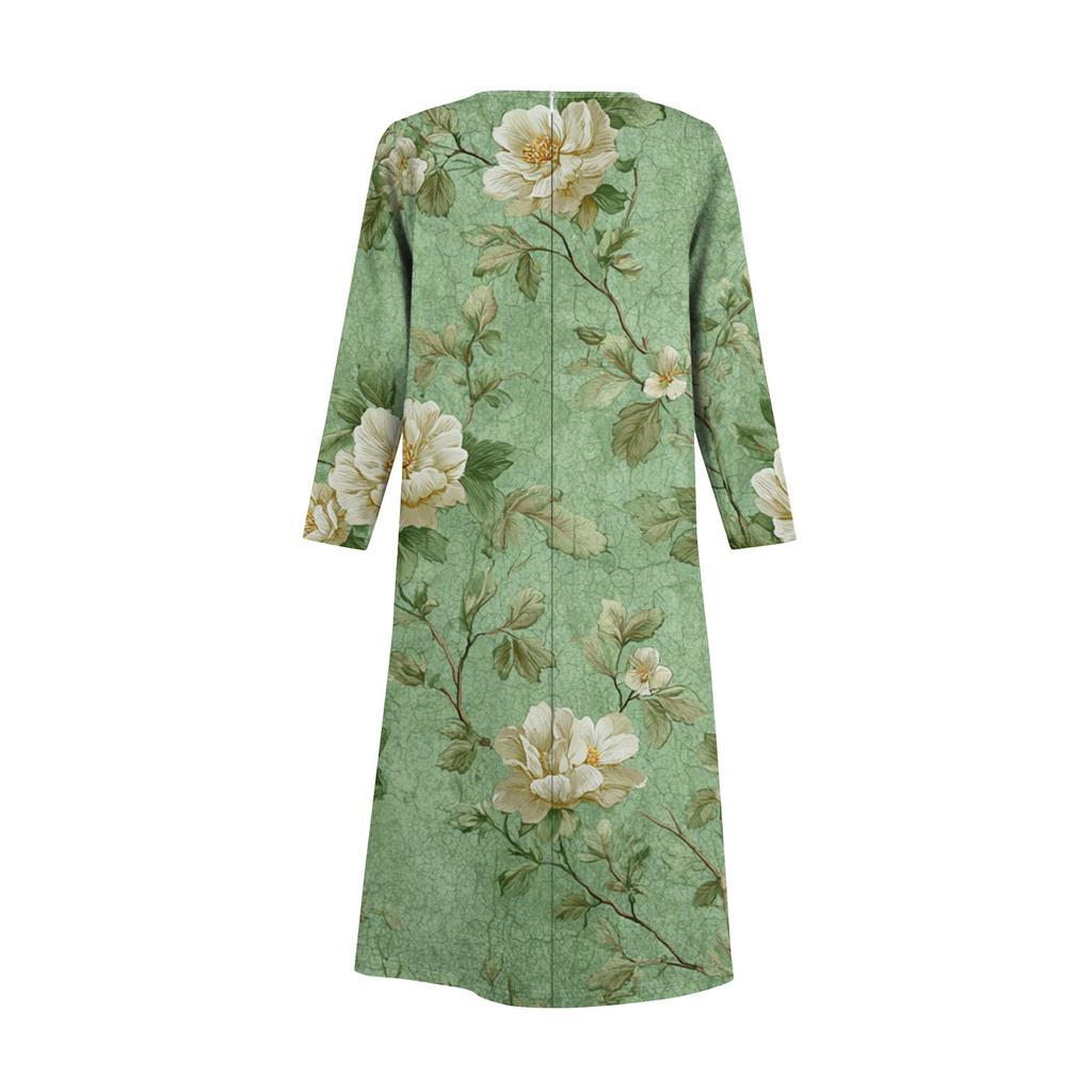 Women's Fashionable Casual Long-Sleeved Round Neck Floral Print Zipper Dress