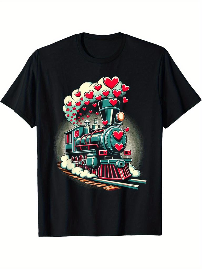 Valentine Train Heart Graphic T-Shirt Cotton Crewneck Casual Daily Tee for Men Women Print