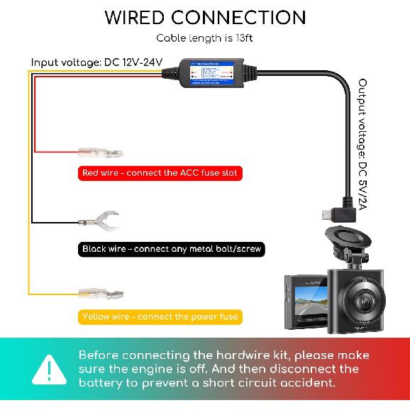 

Dash Cam Hardwire Kit Cable - 13ft COOAU Dashcam Hard Wire Micro USB Ports for Car with Acc Detection 24H Parking Monitoring | 3 Fuses Types for Dash