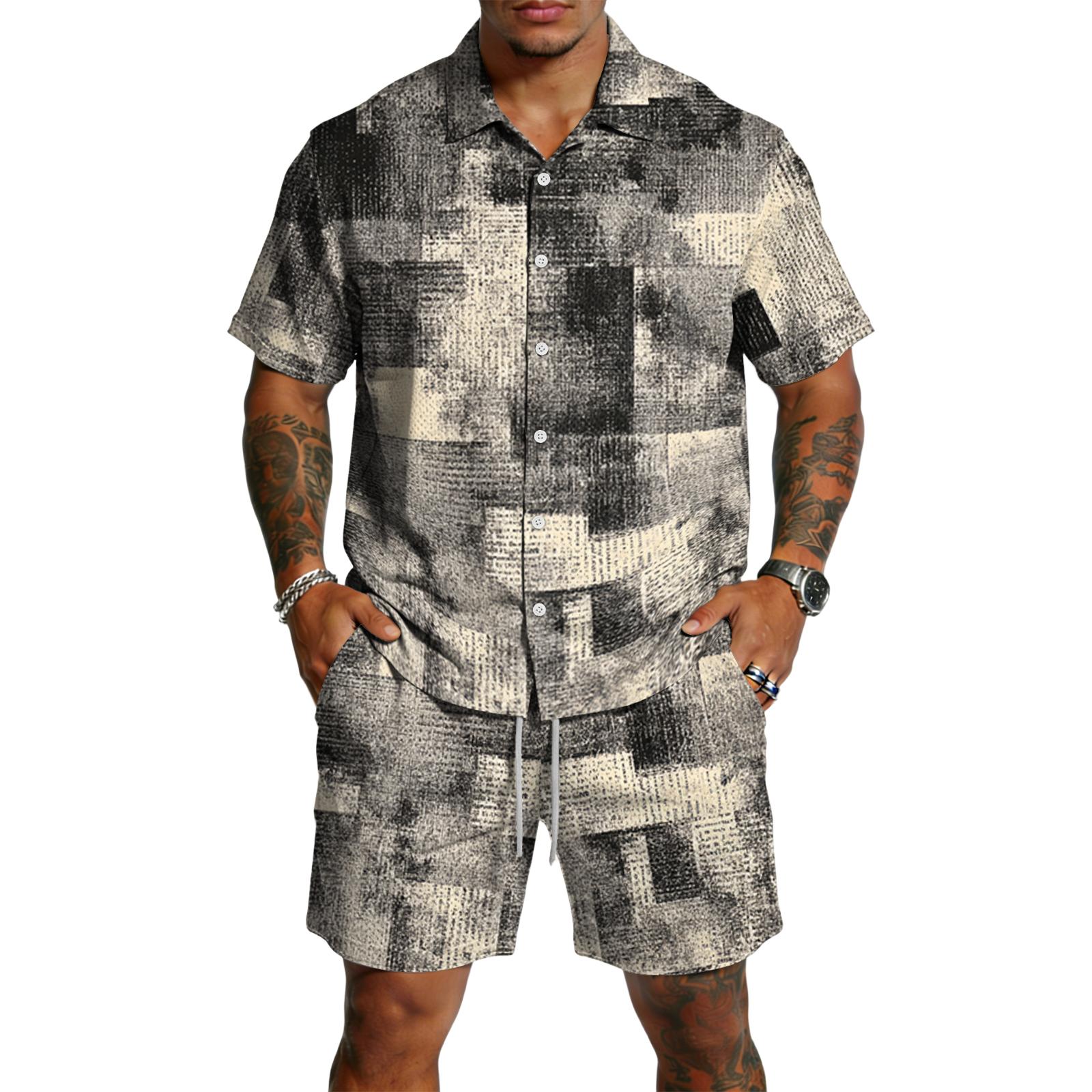 

Men s Casual Lightweight Breathable Short Sleeve Shirt and Drawstring Shorts Set Textured Pattern Vacation Beachwear Summer Outfit L чёрный