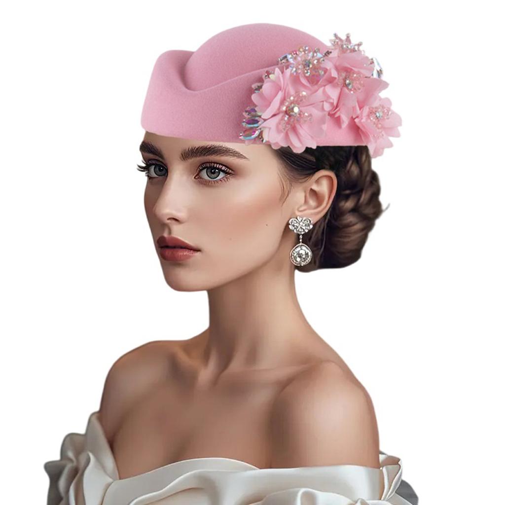 Cappello Pillbox da Donna Fiori Berretti Vintage Britannici in Feltro Cappellino per Chiesa Festa del Tè Accessorio