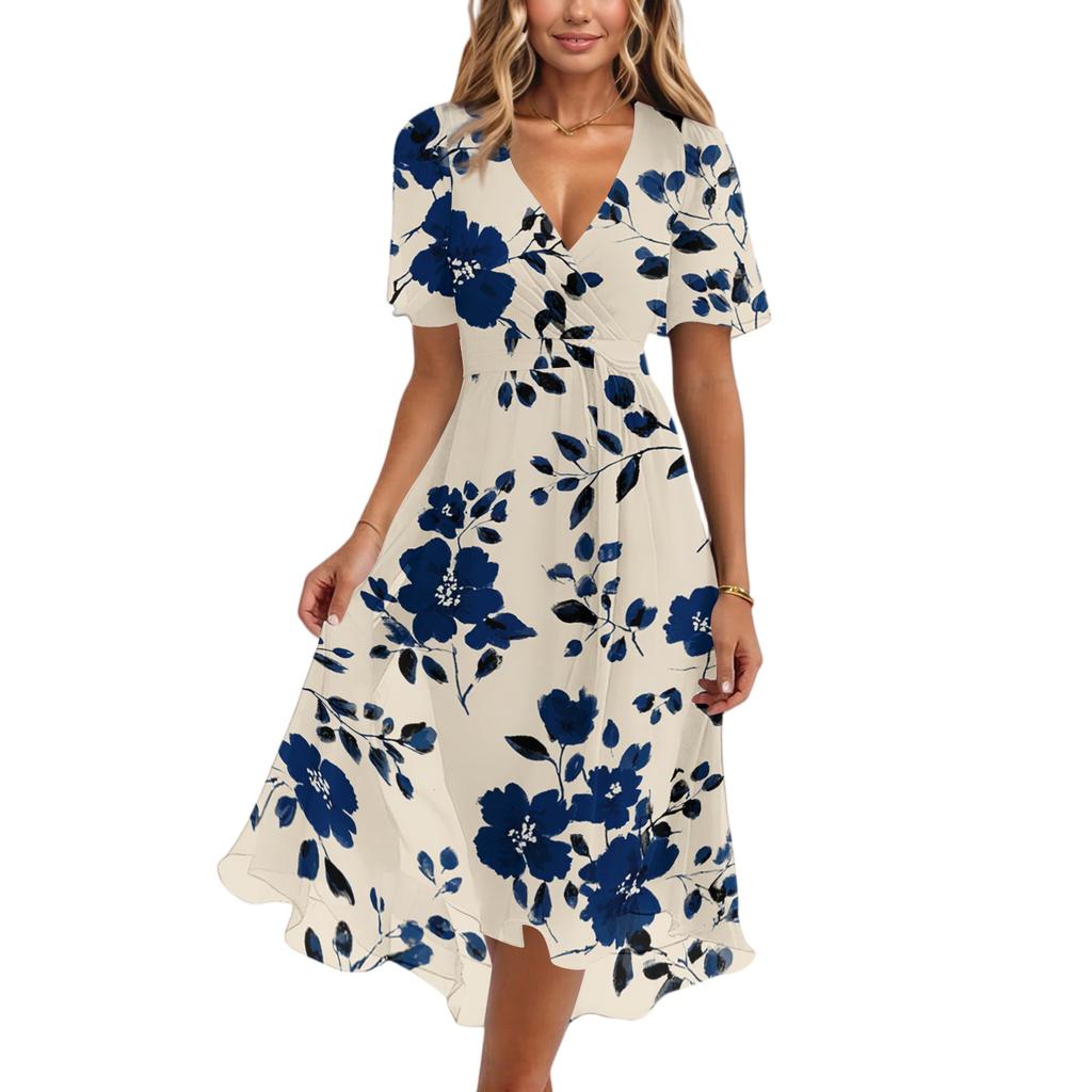 Women's Casual V Neck Short Sleeve Floral Print Dress Lightweight Summer Midi Dress with Elastic Waist and Flared Skirt for Daily Wear