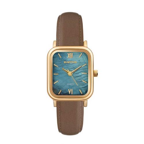 [RUMTTON] RUMTTON Harbor Blue Mother-of-Pearl Brown Band Leather Wristwatch Gold __