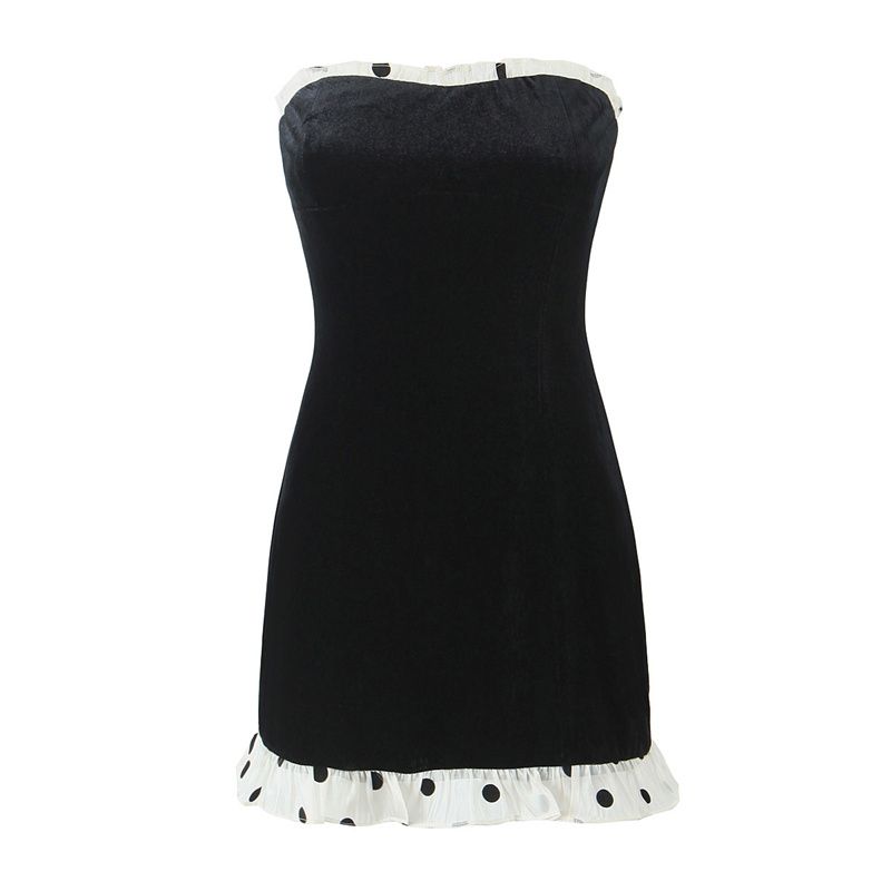 

For Love Sexy Sweetheart Black Velvet Patchwork Polka Dot Strapless Dress Silm Dress Party Little Dress Black Patchwork Wave Dot Strapless Skirt L