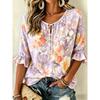 Women's Beige Multicolor Floral Print Tie Neck Blouse, Casual Loose Tops for Spring Summer Daily Wear & Vacation Occasions