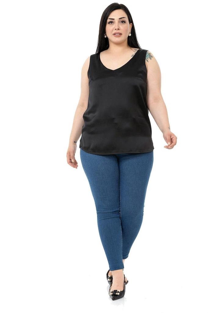 Damen Übergröße Bluse Plus Size V-Ausschnitt Ärmellos Satin Smaragdgrüne Bluse mit Seitenschlitzen