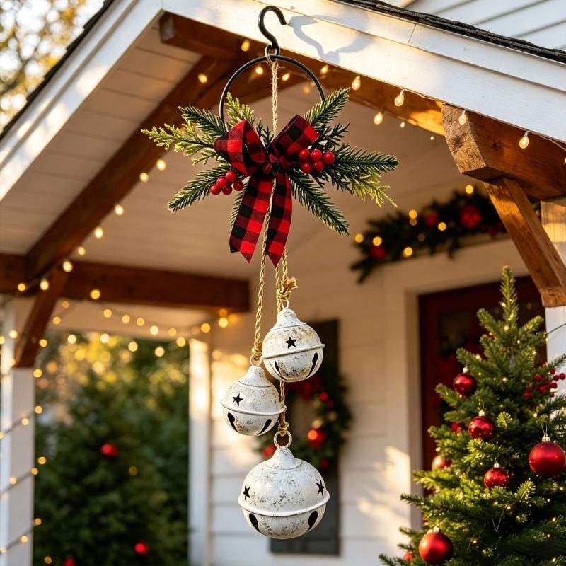 Metal Jingled Bells Christmas Hanging Ornaments Metal Bells Cluster with Tartans Ribbon for Mantels and Entryway Displays