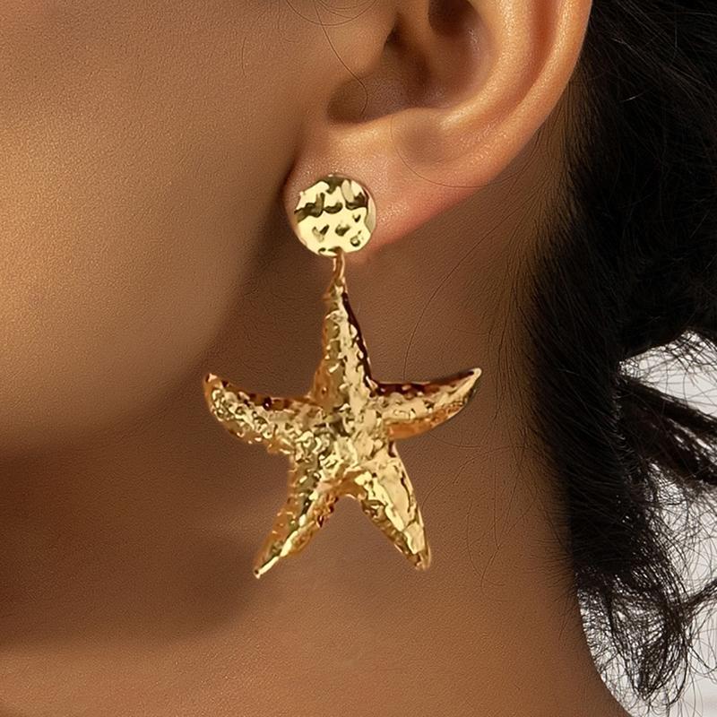 Vintage Gold Color Starfish Pendant Earrings for Women Fashion Metal Five Pointed Star Earrings Seaside Vacation Jewelry Gift