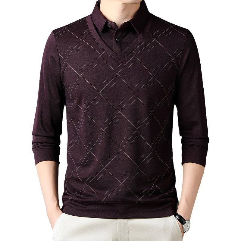 Herren Langarm-Poloshirt Lässig Hochwertig Rautenmuster Fake Zweiteiler T-Shirt