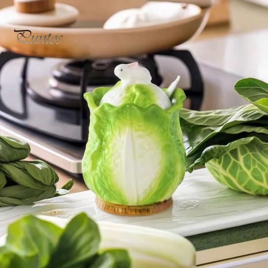 Household Seasoning Organizer Ceramic Cabbage Shaped Lard Jar with Lid Spoon, 350ml Kitchen Sealed Condiment Storage Pot Container, Multi Purpose for