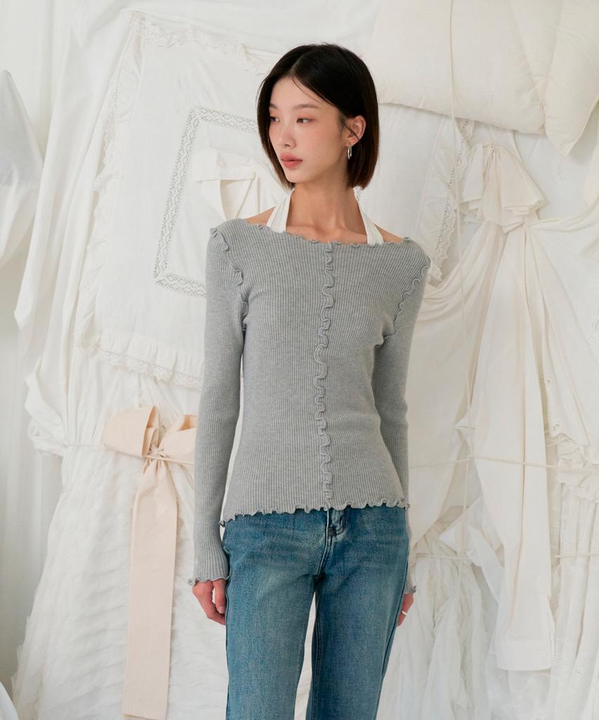 VLETI Viscose Frill Boat Neck Embroidered Reverse Knit (Gray)
